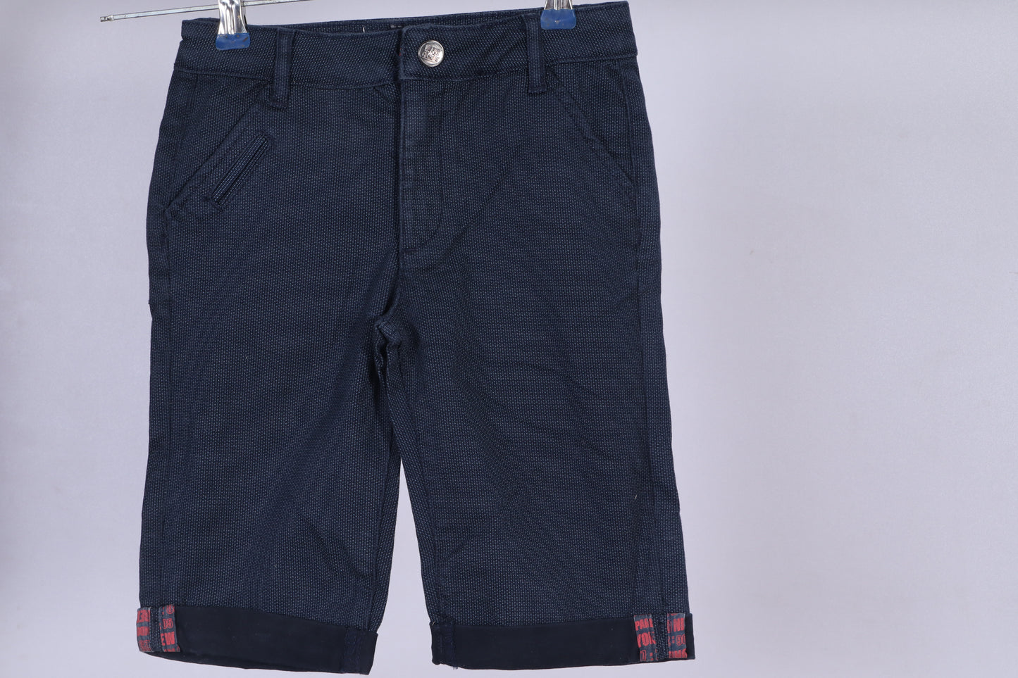 Boys’ Navy Blue Textured Shorts with Plaid Cuff