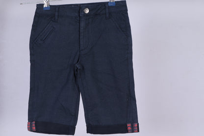 Boys’ Navy Blue Textured Shorts with Plaid Cuff