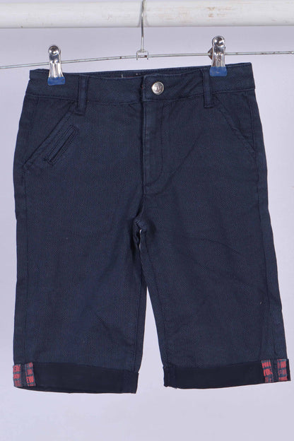 Boys’ Navy Blue Textured Shorts with Plaid Cuff