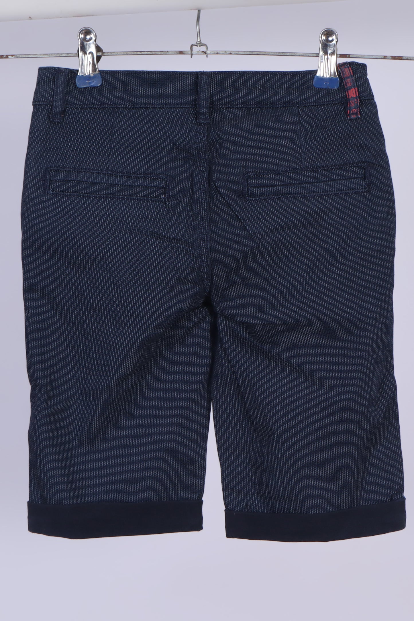 Boys’ Navy Blue Textured Shorts with Plaid Cuff