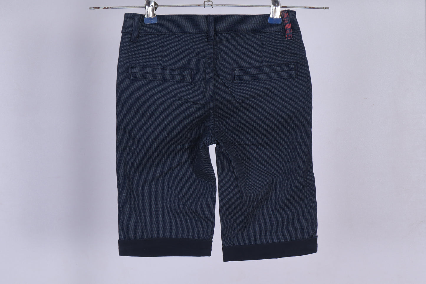 Boys’ Navy Blue Textured Shorts with Plaid Cuff