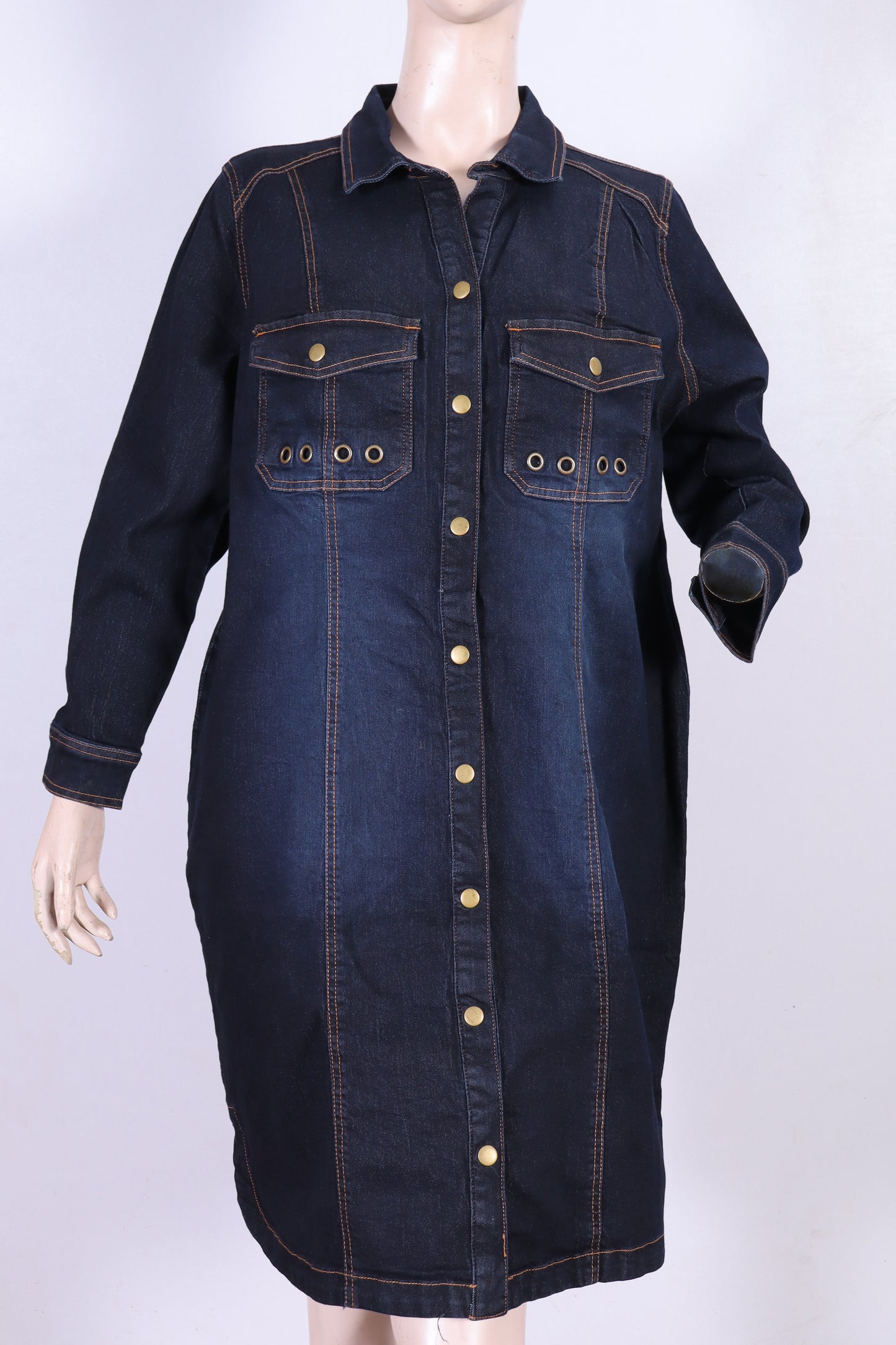 Dark Blue Long-Sleeve Denim Shirt Dress