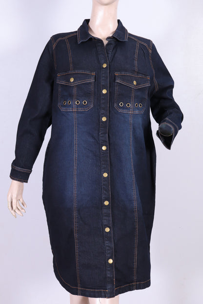 Dark Blue Long-Sleeve Denim Shirt Dress