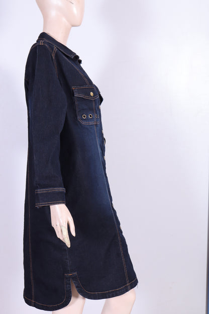 Dark Blue Long-Sleeve Denim Shirt Dress