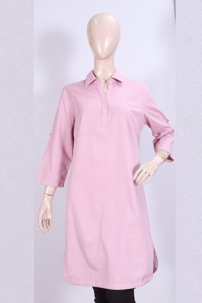 Women's Solid Pink Collared Tunic Top with Roll-Up Sleeves Denim