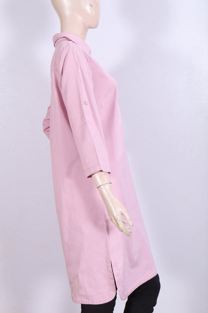 Women's Solid Pink Collared Tunic Top with Roll-Up Sleeves Denim