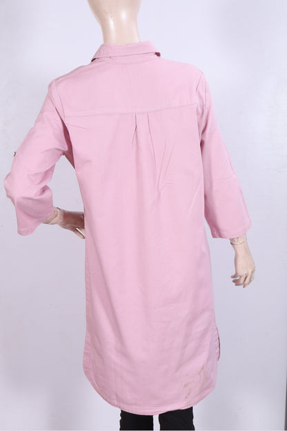 Women's Solid Pink Collared Tunic Top with Roll-Up Sleeves Denim