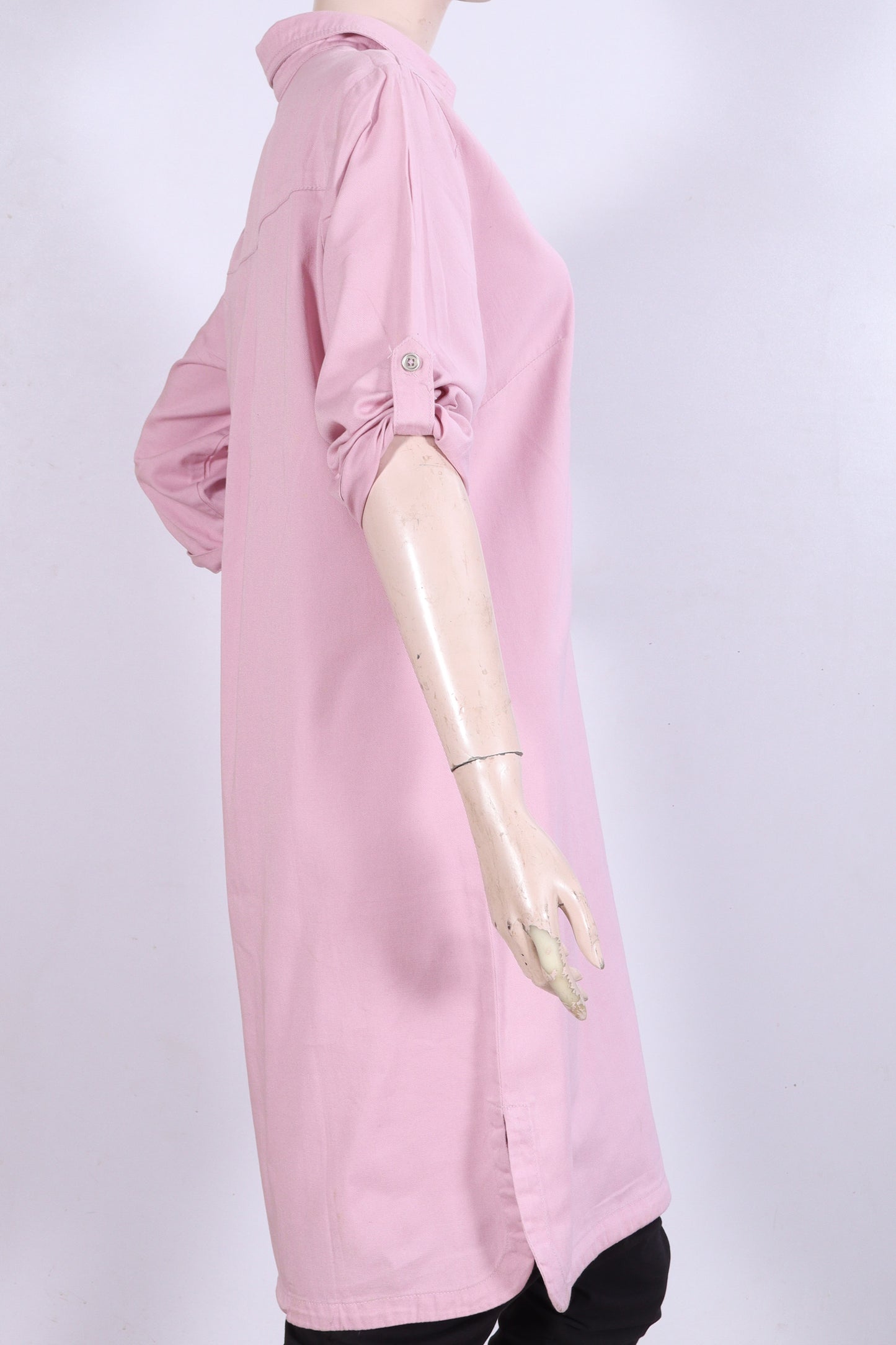 Women's Solid Pink Collared Tunic Top with Roll-Up Sleeves Denim