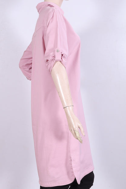 Women's Solid Pink Collared Tunic Top with Roll-Up Sleeves Denim