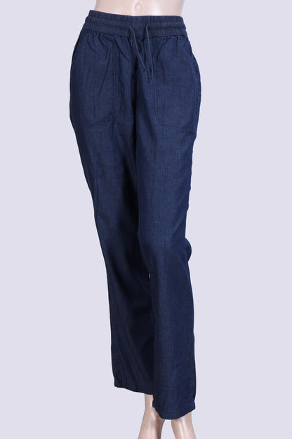 Women’s Relaxed Chambray Drawstring Pants – Lightweight Dark Wash Denim Style