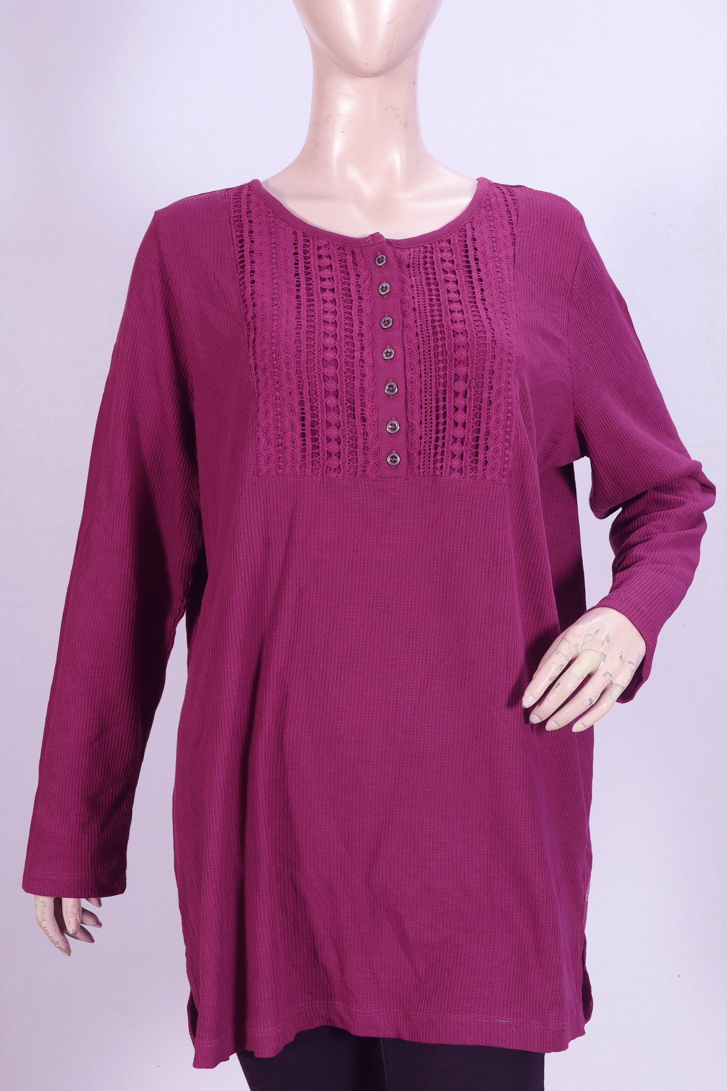 Crimson Crochet-Yoke Ribbed Tunic