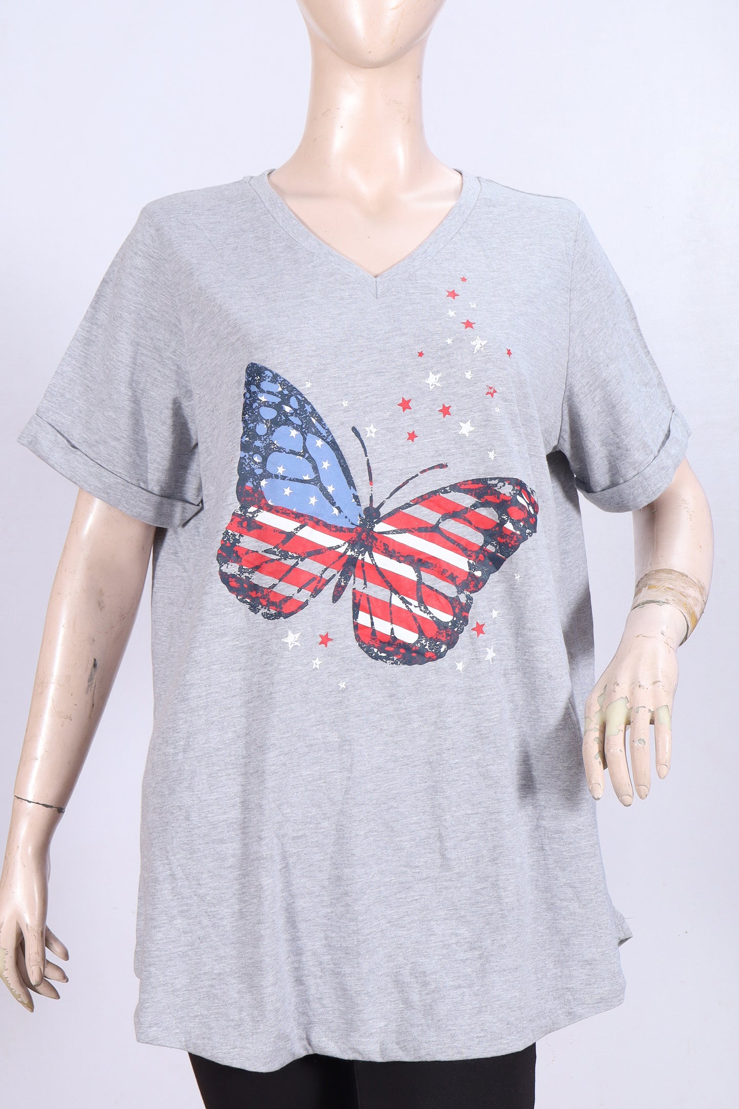 Women's Patriotic Butterfly V-Neck T-Shirt – Heather Grey