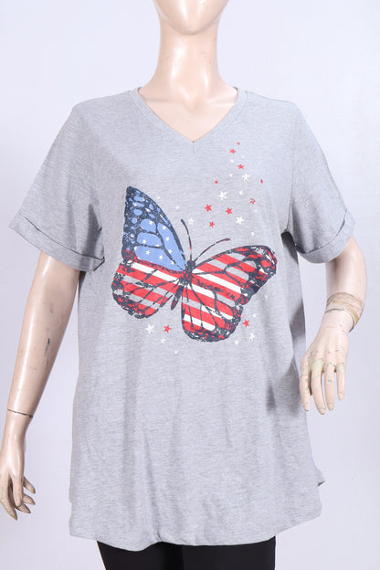 Women's Patriotic Butterfly V-Neck T-Shirt – Heather Grey