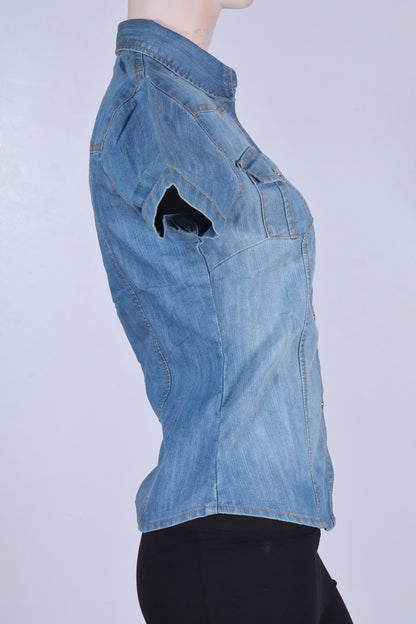Women’s Denim Short Sleeve  Stone Wash Shirt  minor defect