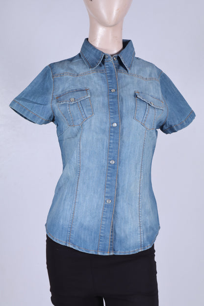 Women’s Denim Short Sleeve  Stone Wash Shirt  minor defect