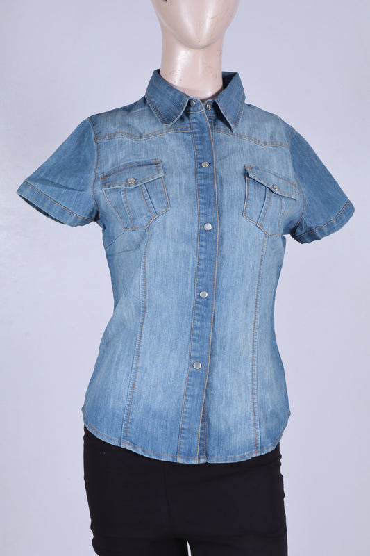 Women’s Denim Short Sleeve  Stone Wash Shirt  minor defect