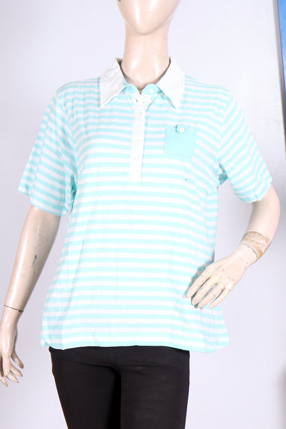 MINOR DEFECT Women's Mint & White Striped Polo Shirt – Casual Short Sleeve Top