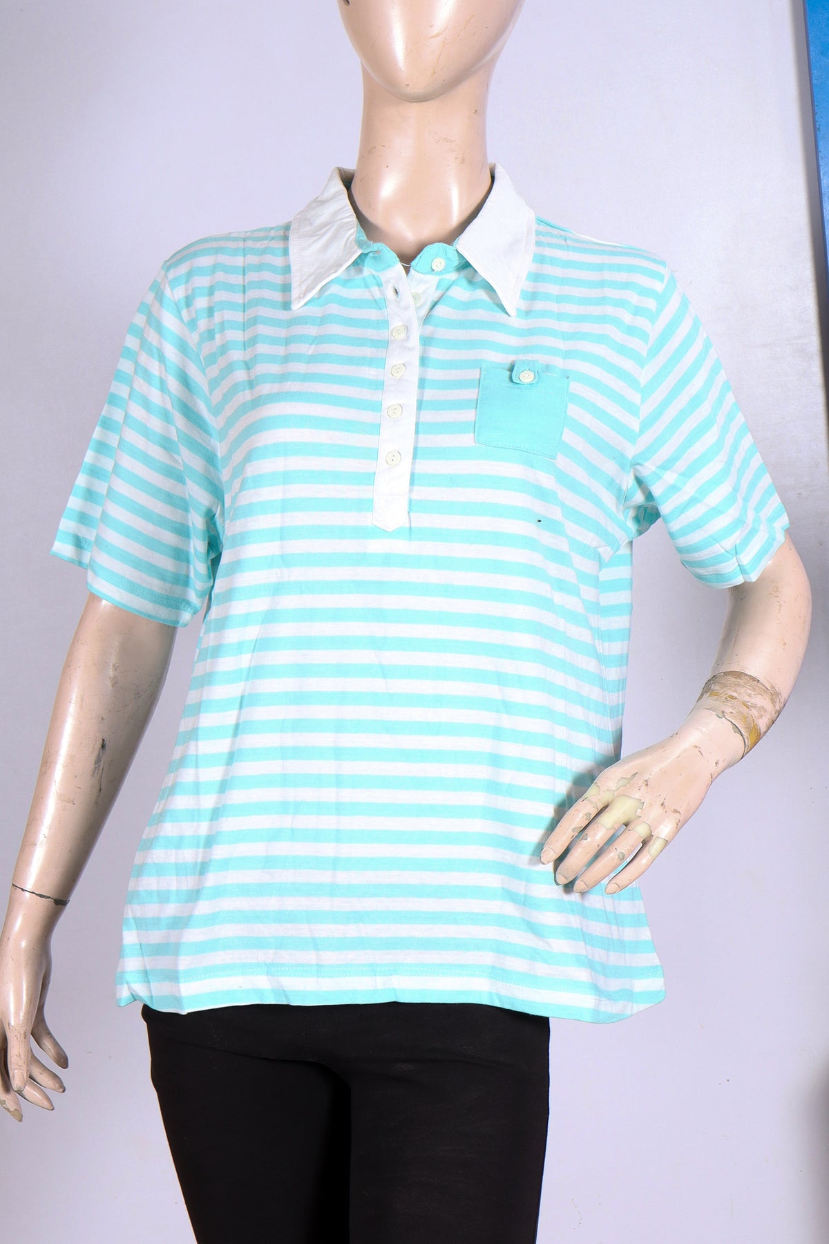 MINOR DEFECT Women's Mint & White Striped Polo Shirt – Casual Short Sleeve Top