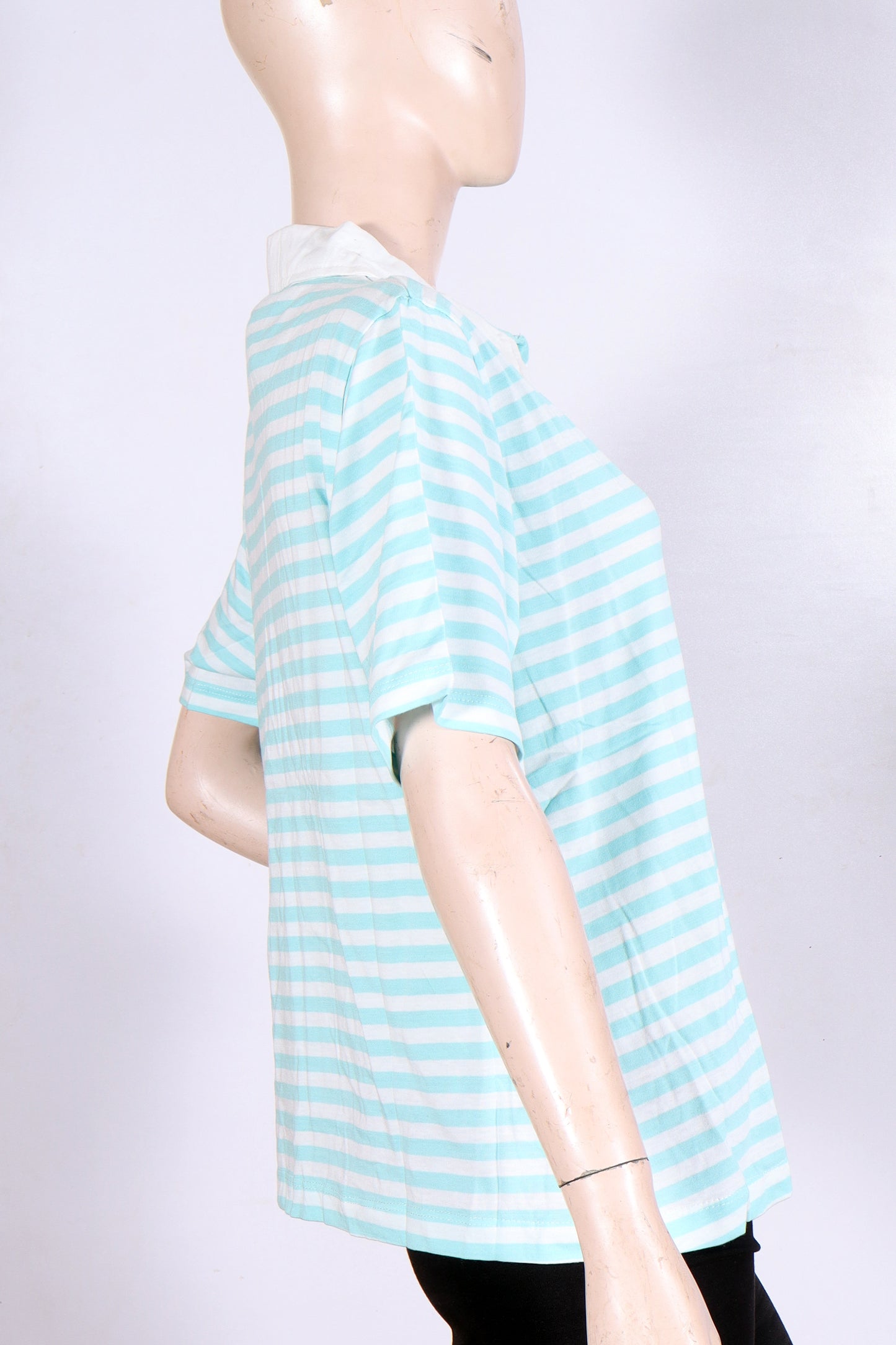 MINOR DEFECT Women's Mint & White Striped Polo Shirt – Casual Short Sleeve Top