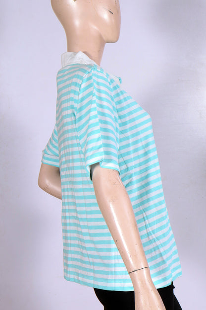 MINOR DEFECT Women's Mint & White Striped Polo Shirt – Casual Short Sleeve Top