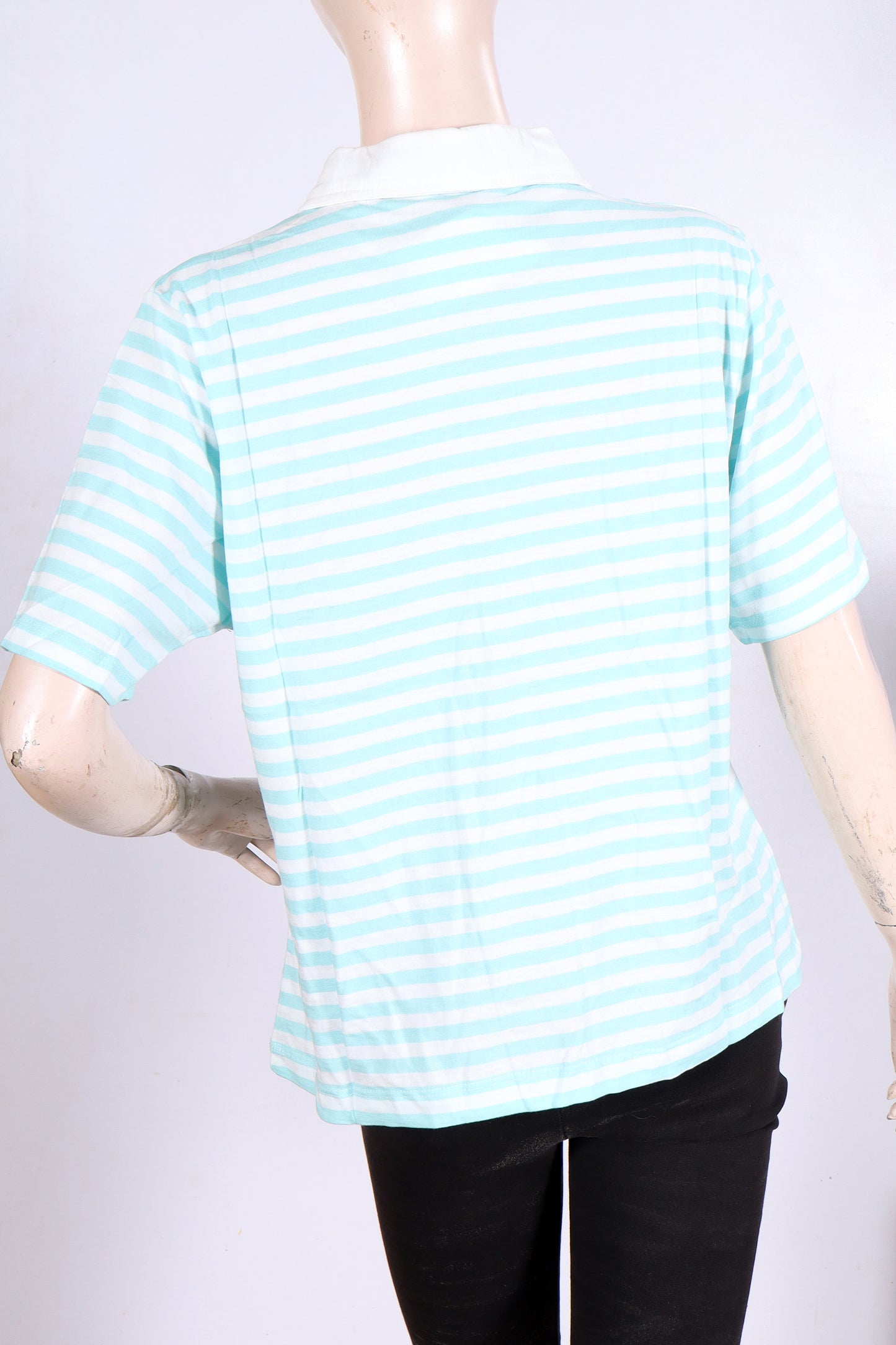 MINOR DEFECT Women's Mint & White Striped Polo Shirt – Casual Short Sleeve Top
