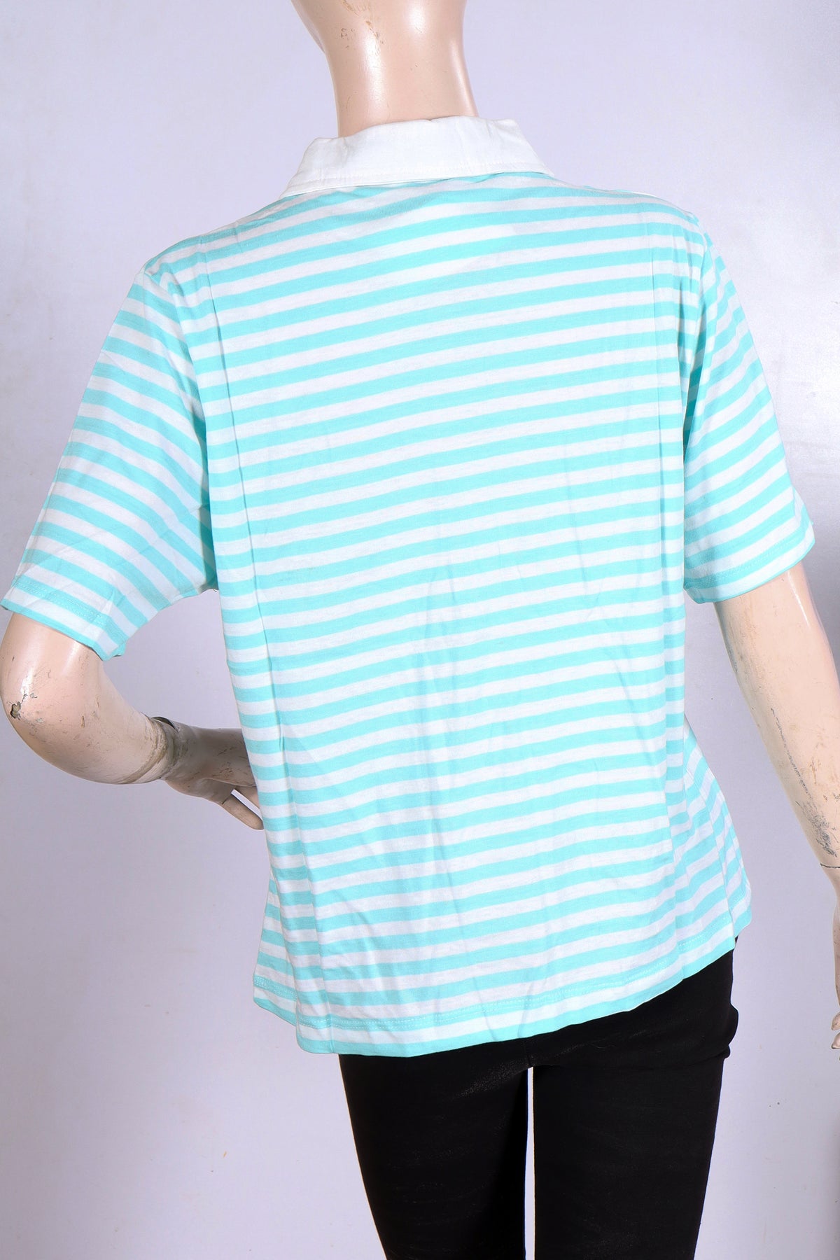 MINOR DEFECT Women's Mint & White Striped Polo Shirt – Casual Short Sleeve Top