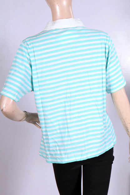 MINOR DEFECT Women's Mint & White Striped Polo Shirt – Casual Short Sleeve Top