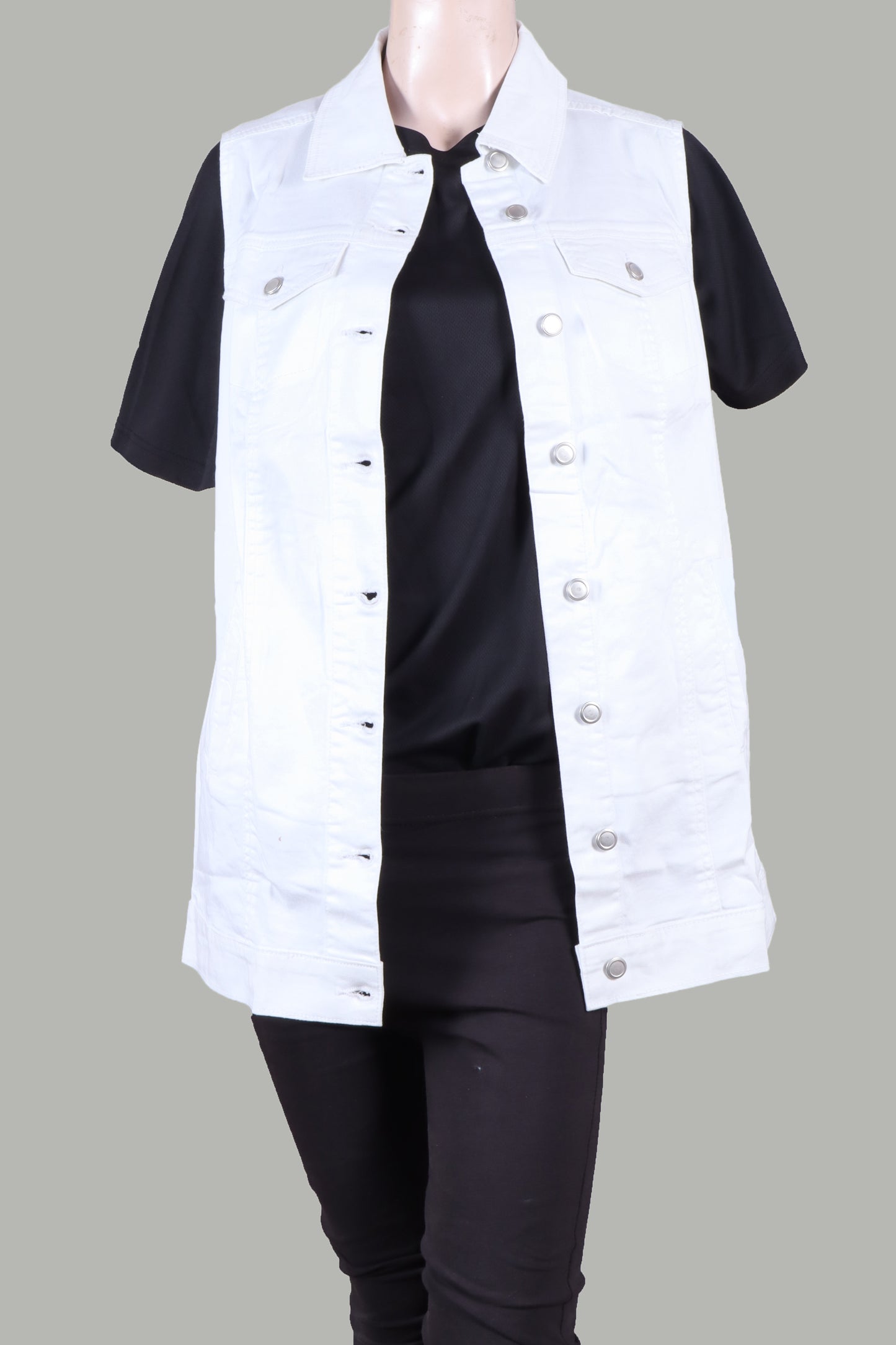 INSPIRE CHIC Women's Sleeveless Button Down Mid Length Casual with Pockets Denim Jean Vest L White