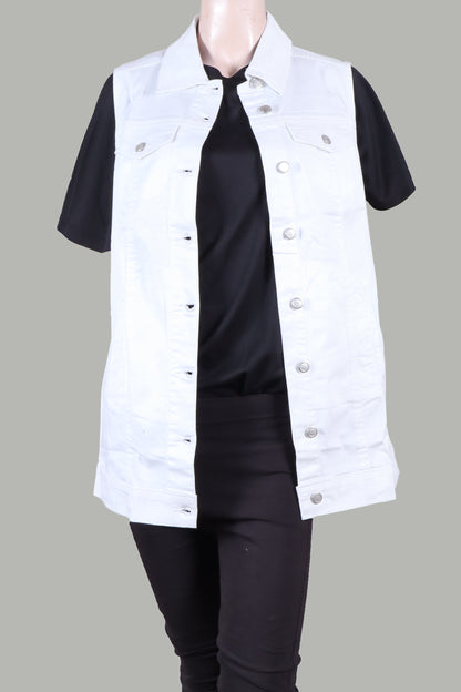 INSPIRE CHIC Women's Sleeveless Button Down Mid Length Casual with Pockets Denim Jean Vest L White