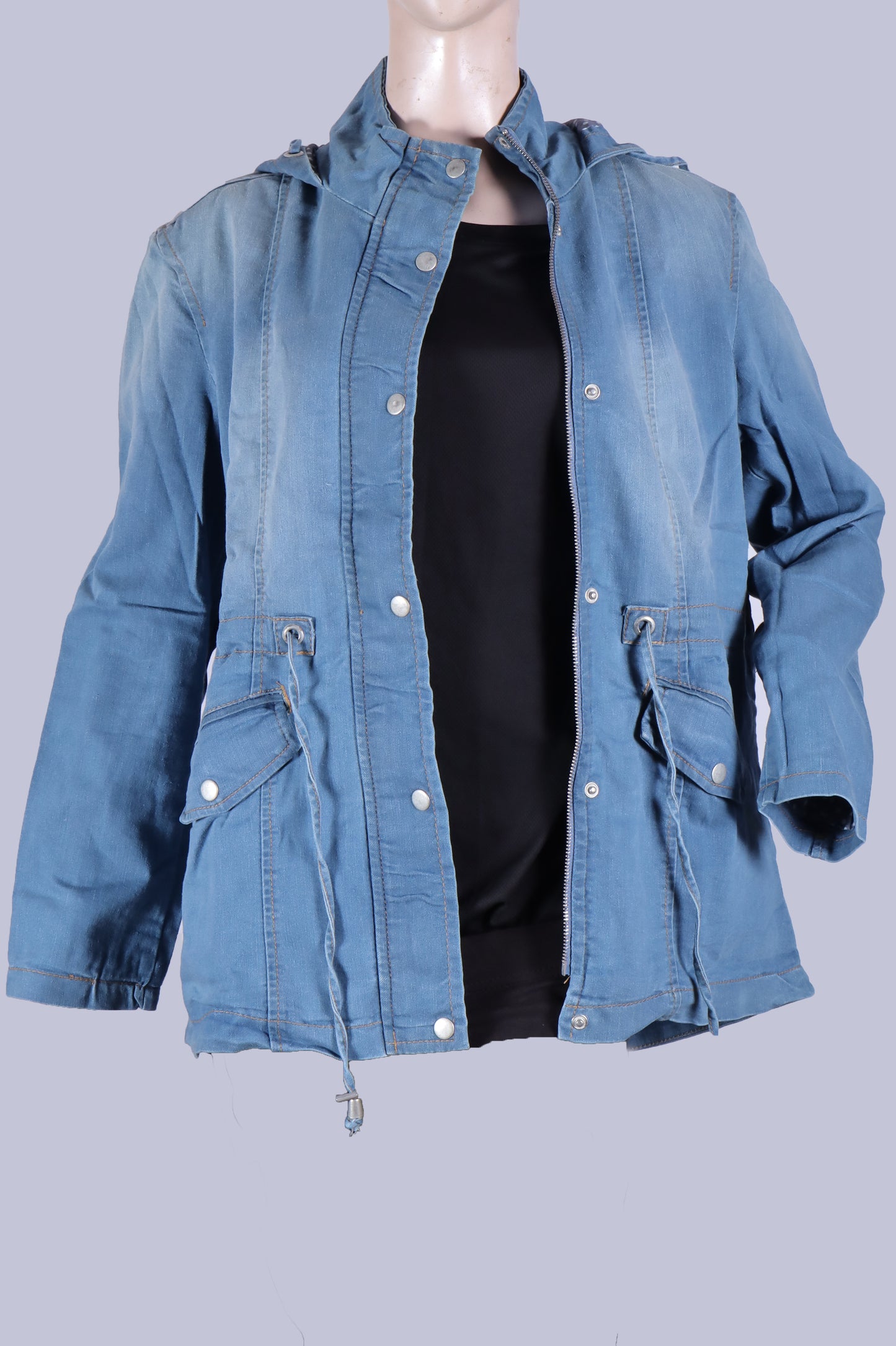 Women's Mid-Wash Denim Utility Jacket with Drawstring Hood