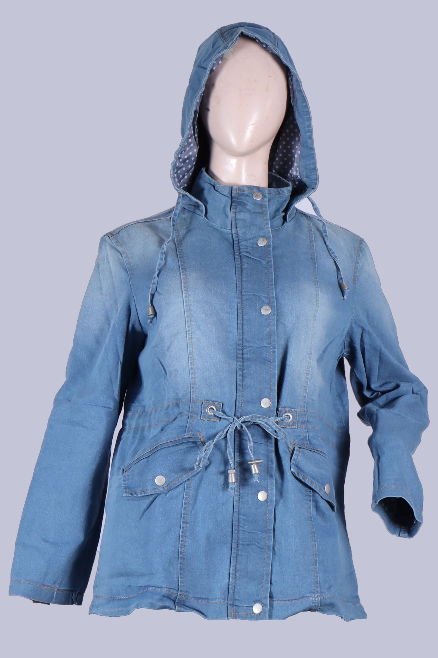 Women's Mid-Wash Denim Utility Jacket with Drawstring Hood
