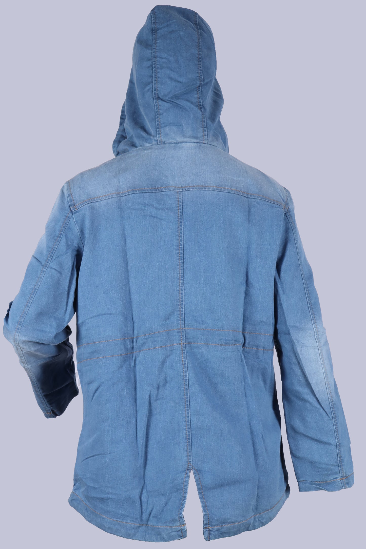 Women's Mid-Wash Denim Utility Jacket with Drawstring Hood