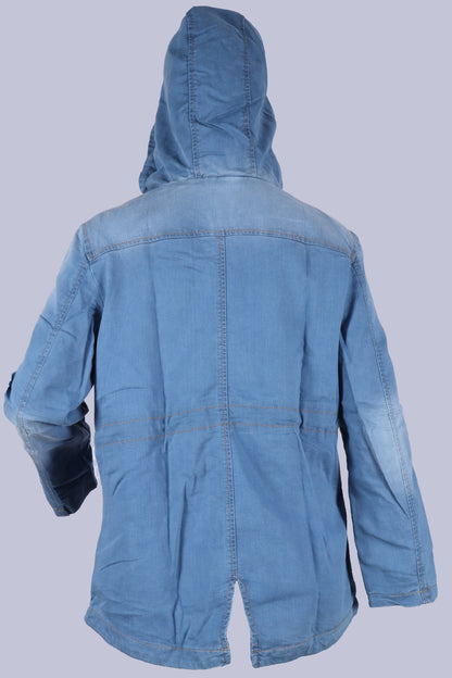 Women's Mid-Wash Denim Utility Jacket with Drawstring Hood