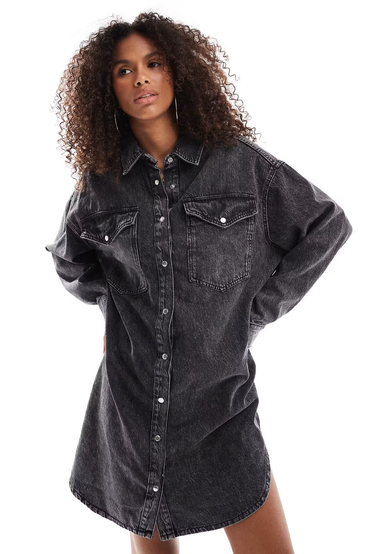 Longline Charcoal Grey Denim  Shirt