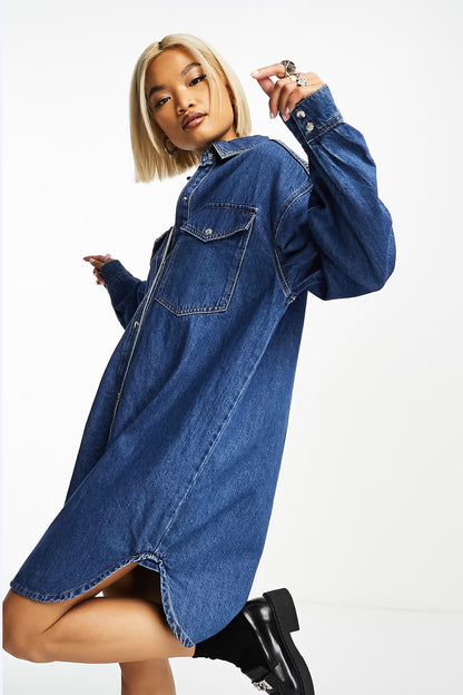 Oversized Denim Shirt Dress in Medium Wash