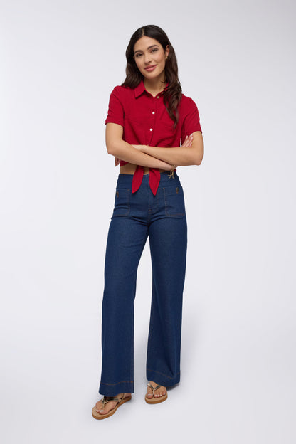 Dark wide-leg jeans with patch pockets Dark blue denim