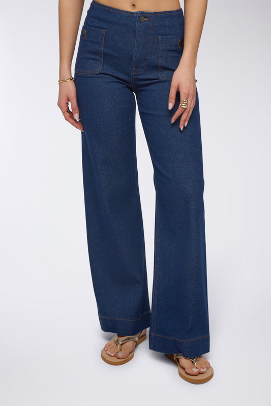 Dark wide-leg jeans with patch pockets Dark blue denim