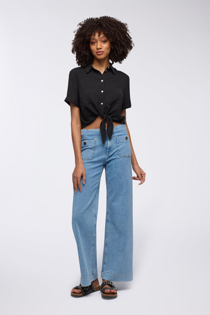 Wide leg jeans with patch pockets Middle blue denim