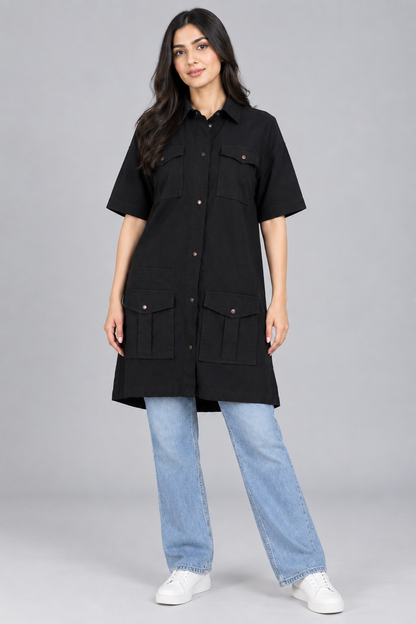 Women’s Solid Black Longline Utility Shirt