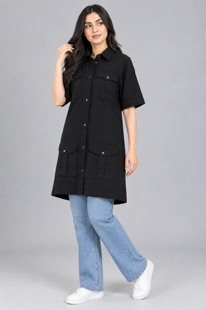 Women’s Solid Black Longline Utility Shirt