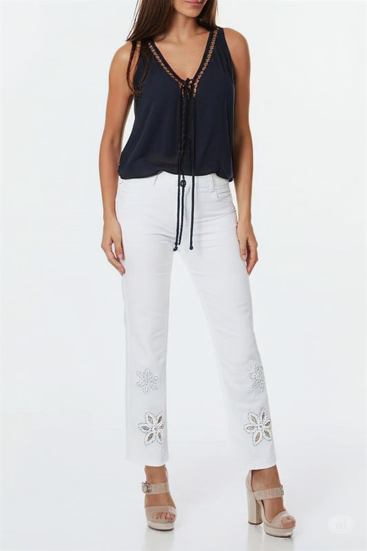 Minor defected Capri Jeans with Intricate Floral Cutwork