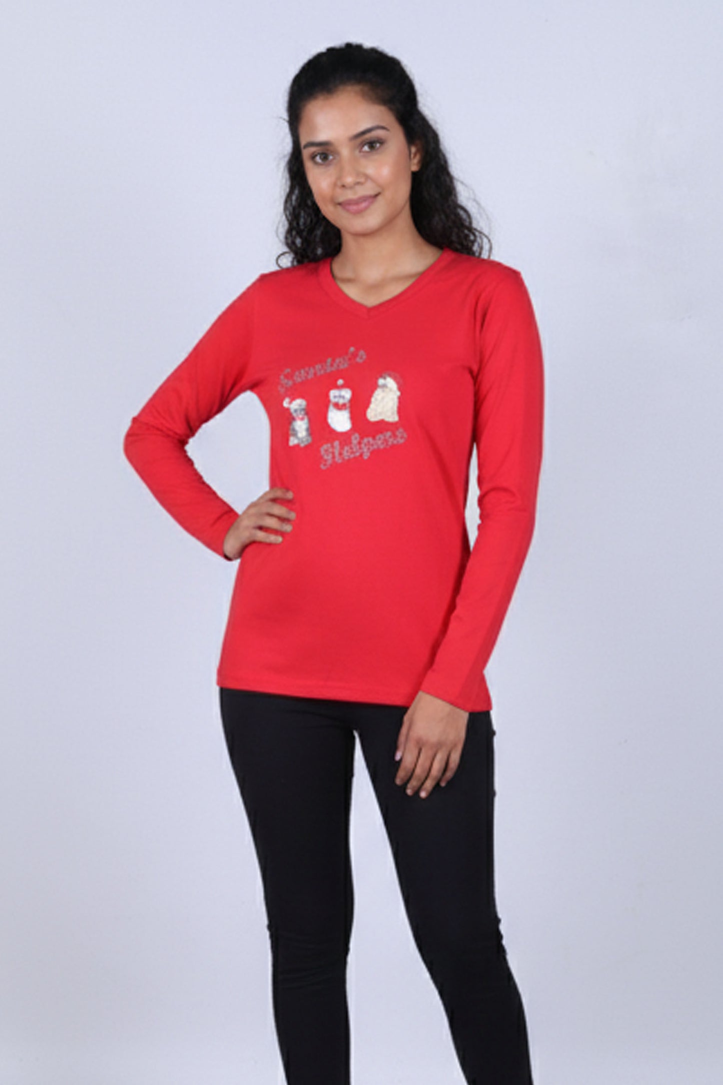 Women's Santa's Helpers Red Long-Sleeve V-Neck T-Shirt