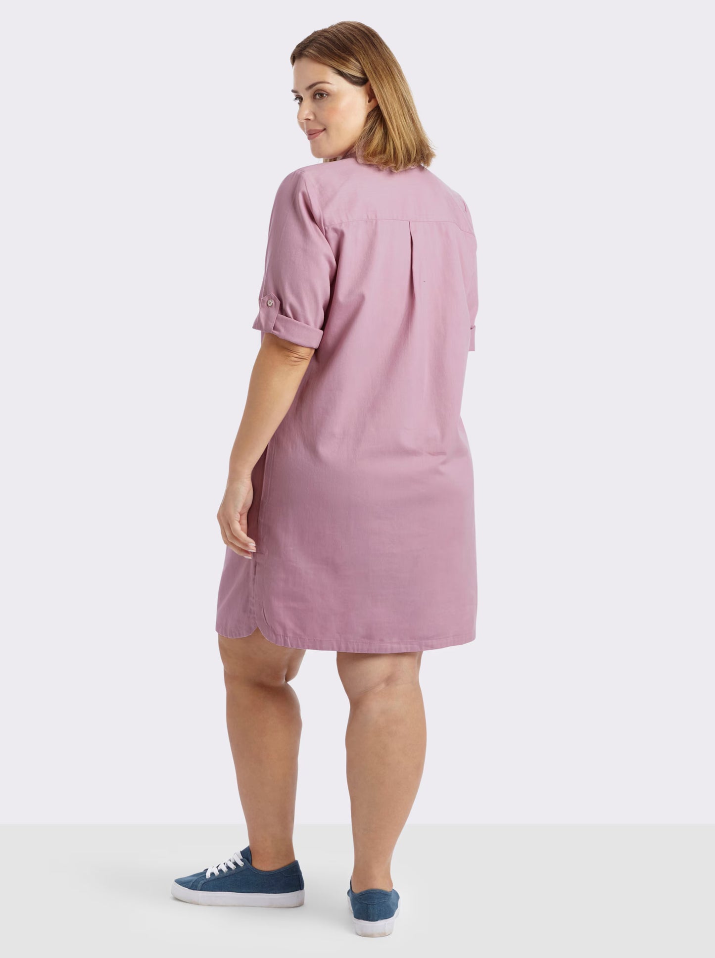 Sheegos's Women's Solid Pink Collared Tunic Top with Roll-Up Sleeves Denim