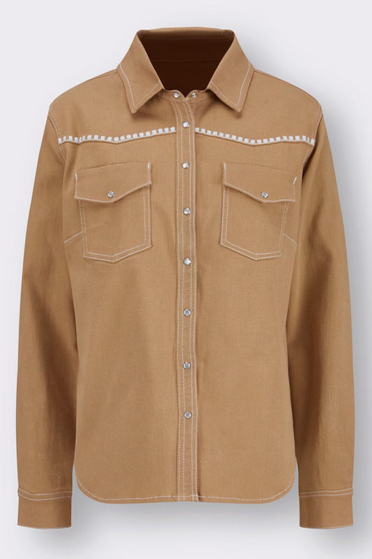 Denim button down shirt decorative seams