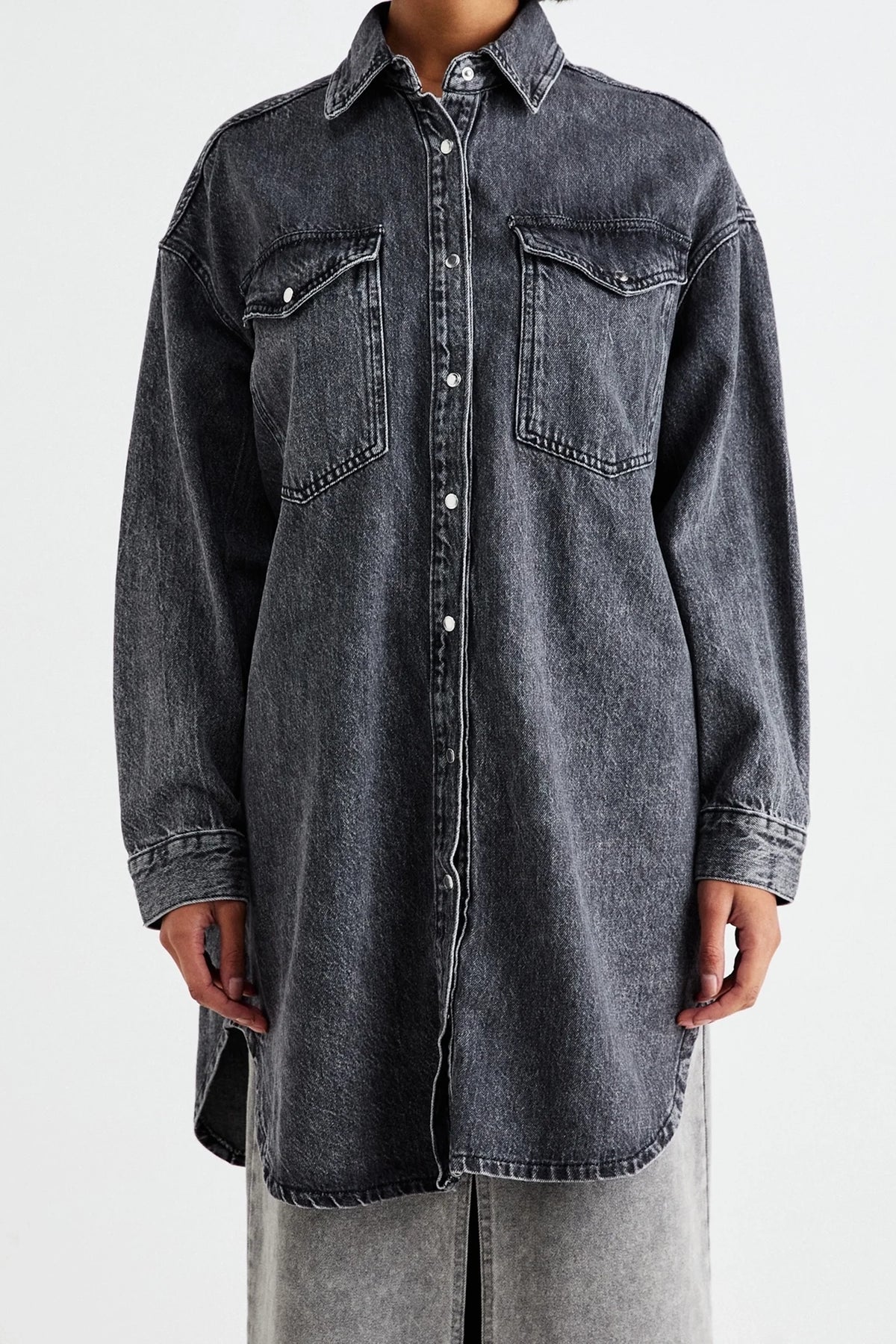 Longline Charcoal Grey Denim  Shirt
