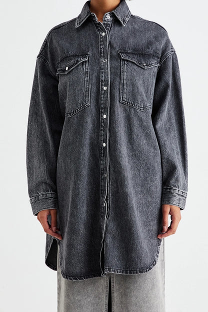 Longline Charcoal Grey Denim  Shirt