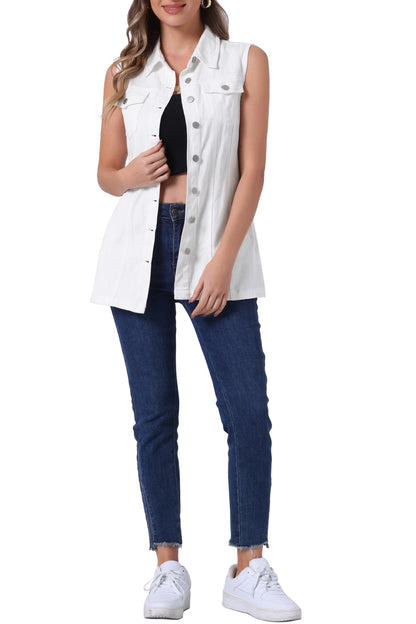 INSPIRE CHIC Women's Sleeveless Button Down Mid Length Casual with Pockets Denim Jean Vest L White