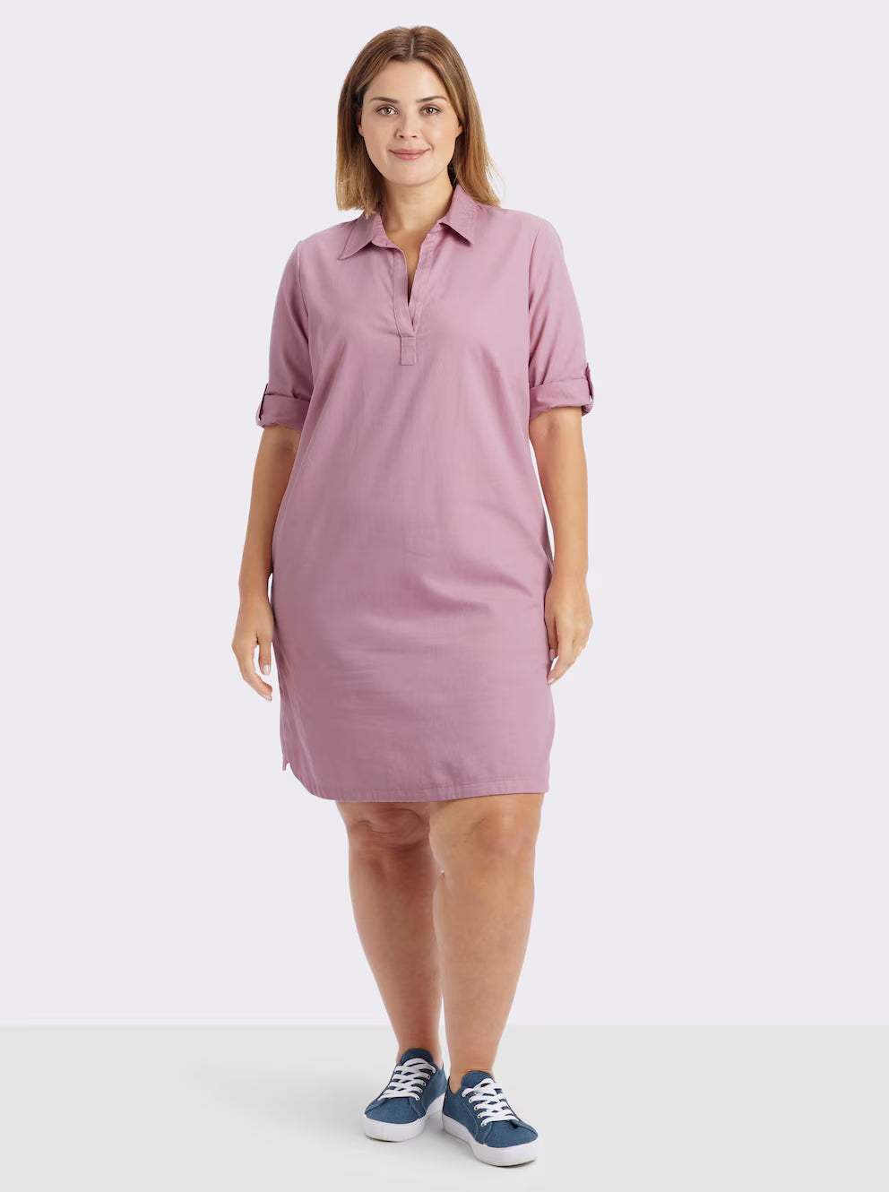 Sheegos's Women's Solid Pink Collared Tunic Top with Roll-Up Sleeves Denim