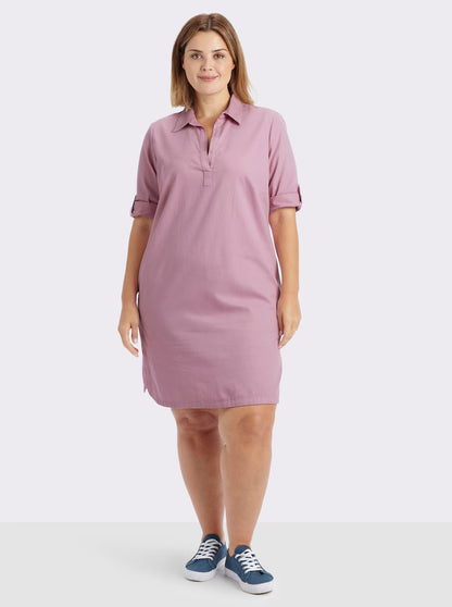 Sheegos's Women's Solid Pink Collared Tunic Top with Roll-Up Sleeves Denim