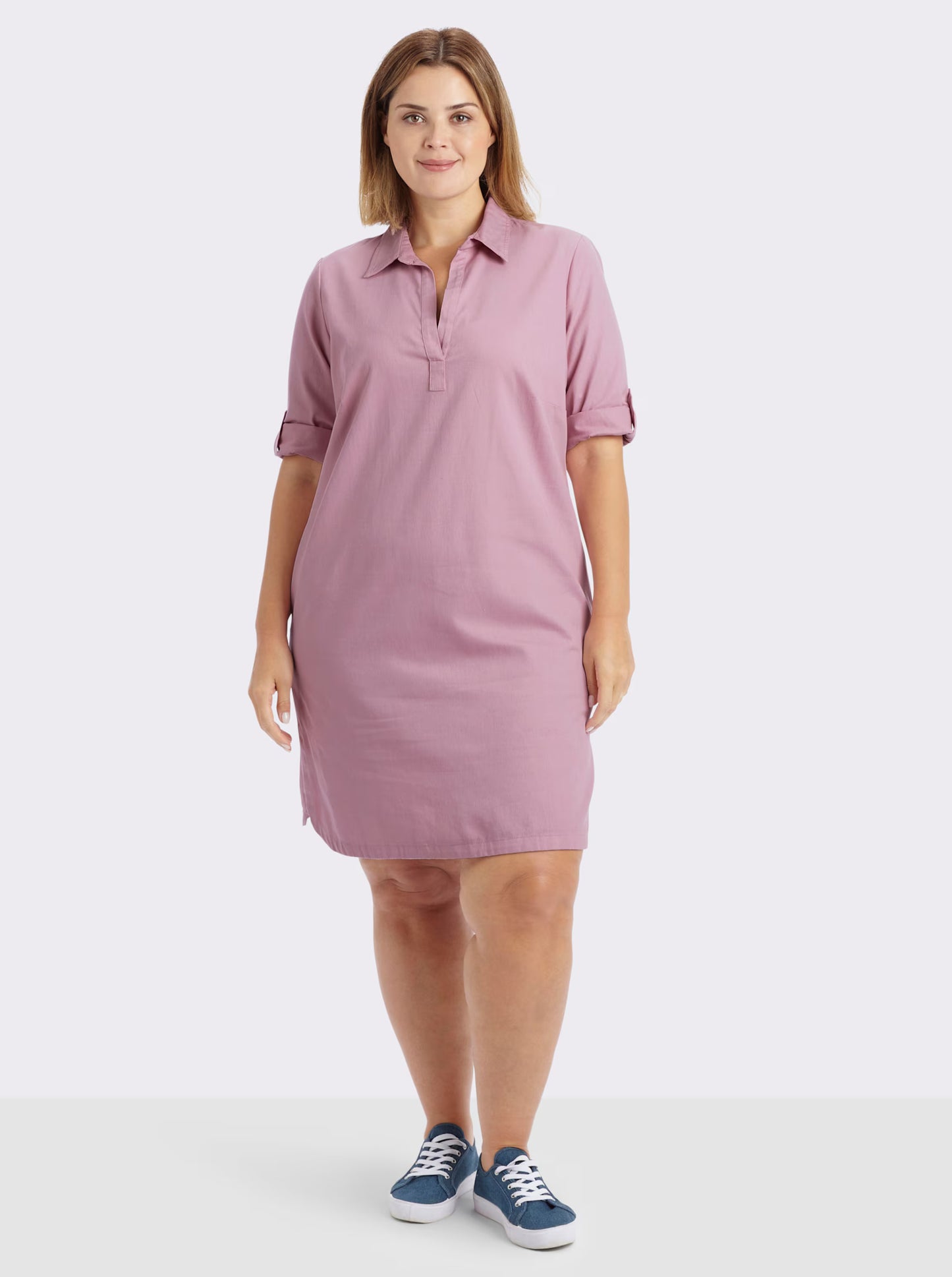 Sheegos's Women's Solid Pink Collared Tunic Top with Roll-Up Sleeves Denim